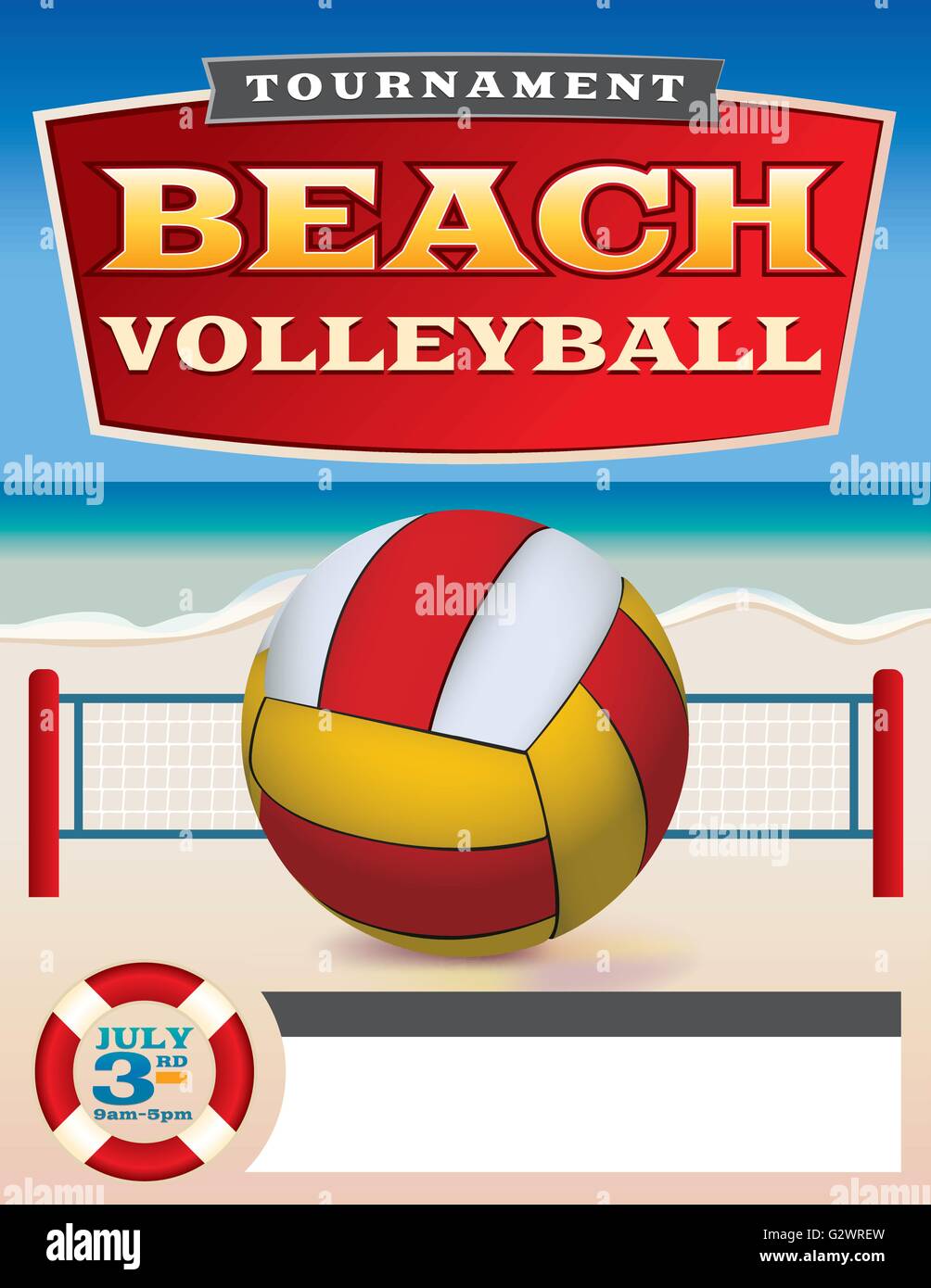 Un opuscolo o poster modello per un beach volley torneo. EPS vettoriali 10 illustrazione disponibile. File EPS contiene transparen Illustrazione Vettoriale