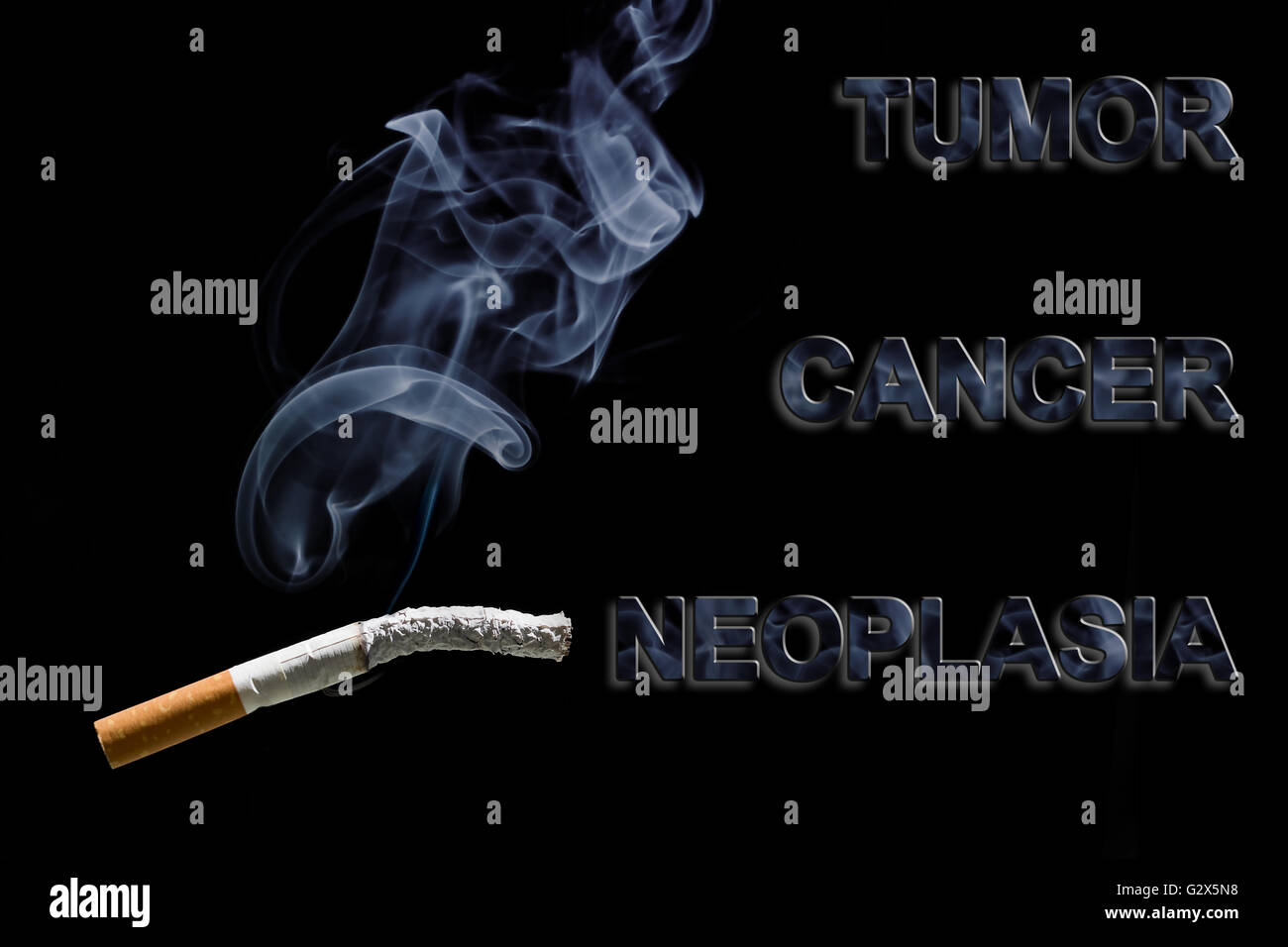 Sigarette bruciate e testo, cancro tumore, e neoplasia Foto Stock