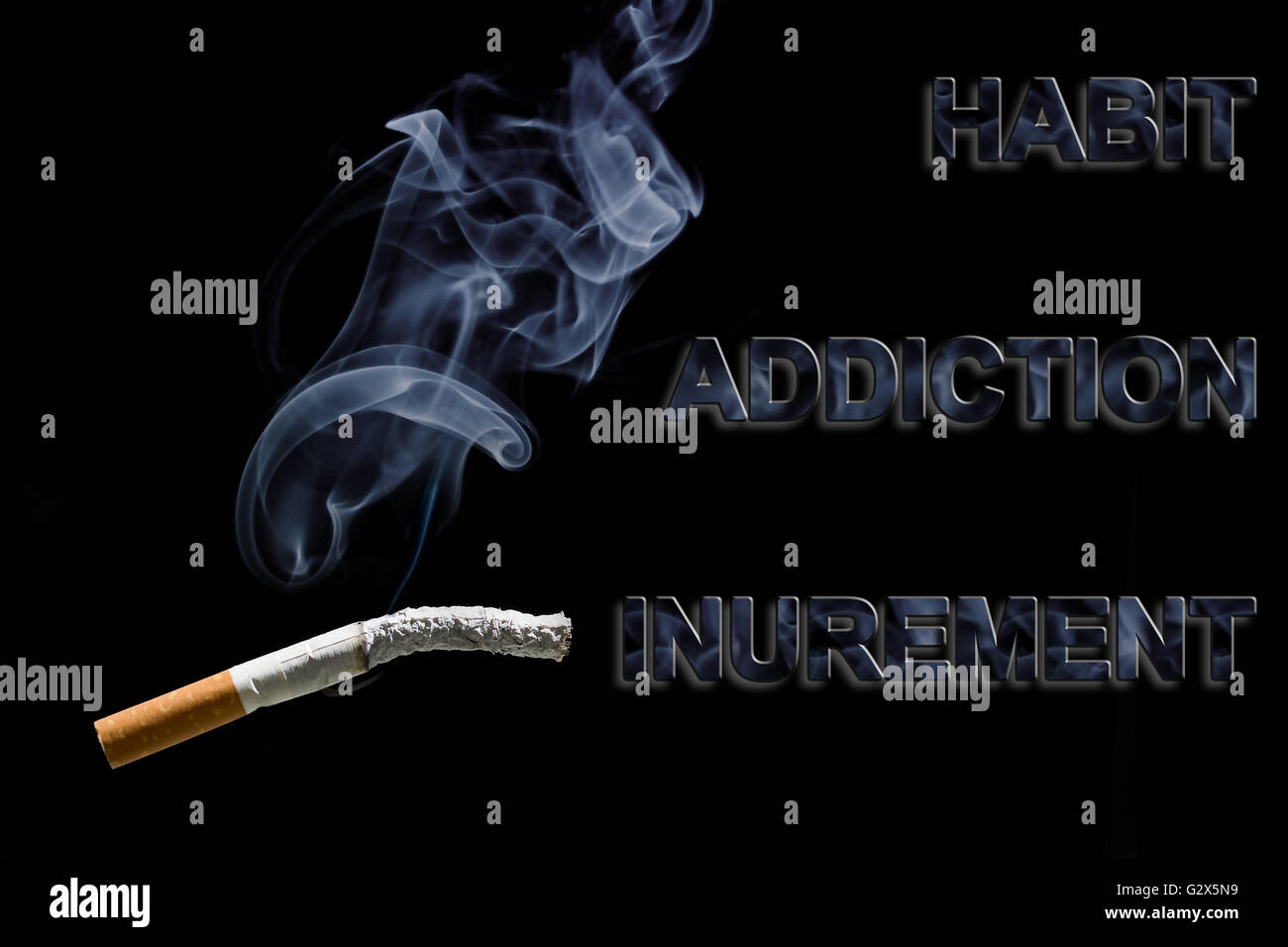 Sigarette bruciate e testo, cancro tumore, e neoplasia Foto Stock
