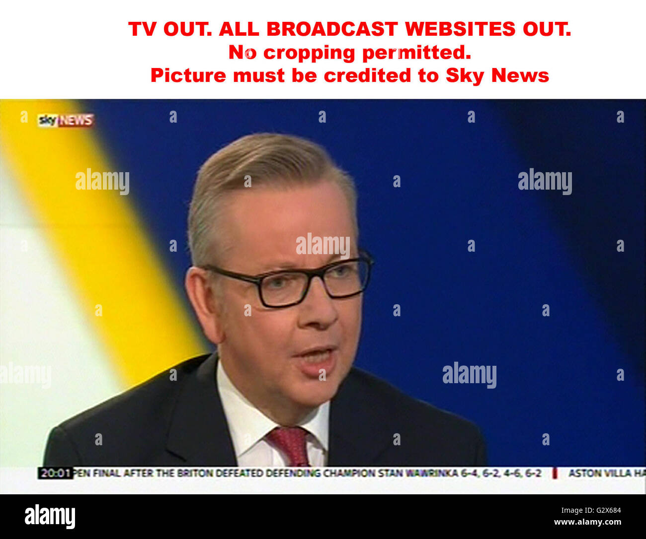 TV OUT. INTERNET fuori. Non è consentito di ritaglio. Immagine devono essere accreditati a Sky News. Siamo informati che videograbs non dovrebbe essere utilizzato per più di 48 ore dopo che il tempo di trasmissione originale, senza il consenso del titolare del diritto d'autore. Video grab presa da Sky News di giustizia segretario Michael Gove prendendo parte nel vivo di un intervista con Faisal Islam sul referendum UE, allo Sky News studios di Osterley, West London. Foto Stock