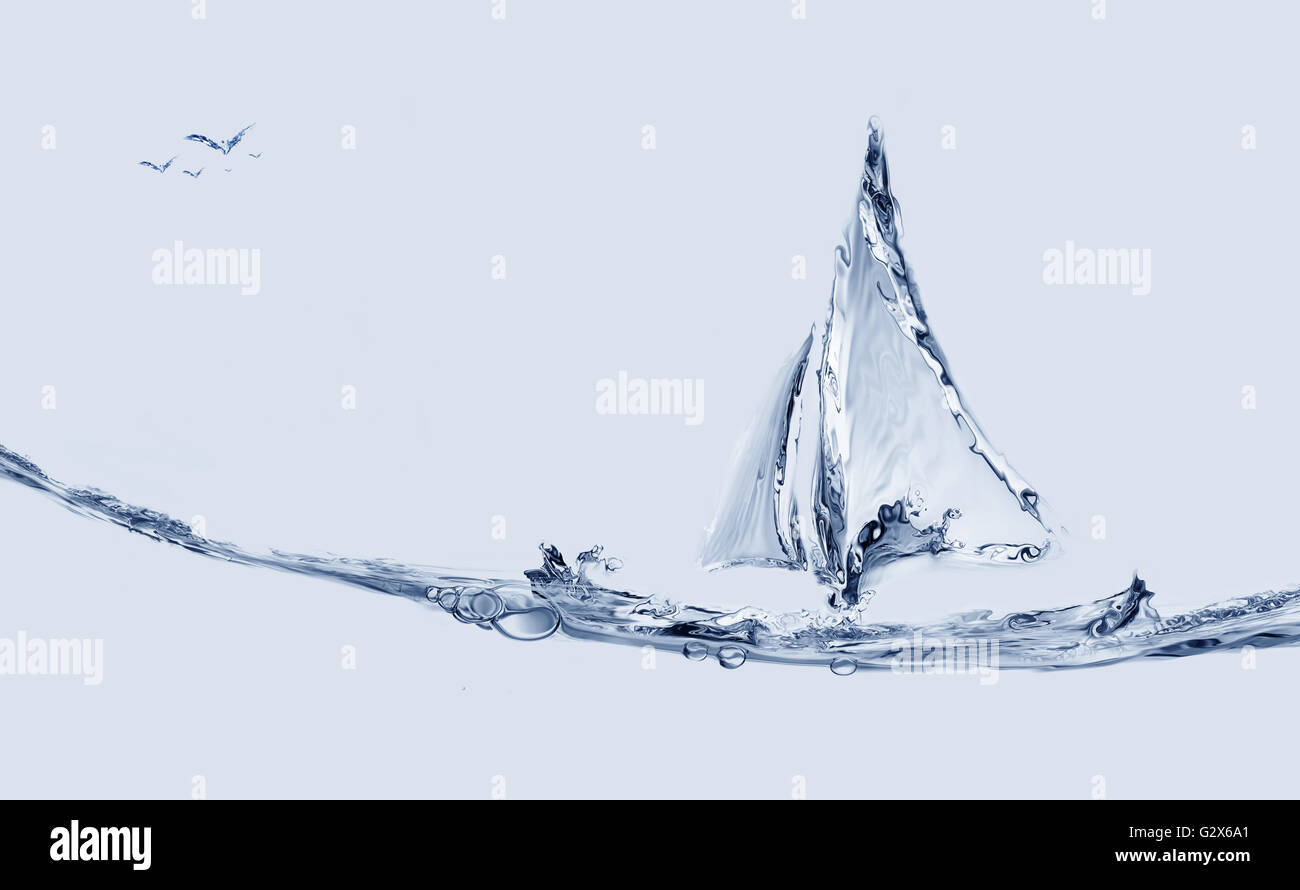 Un blu acqua barca a vela di acqua con un salto di pesce. Foto Stock