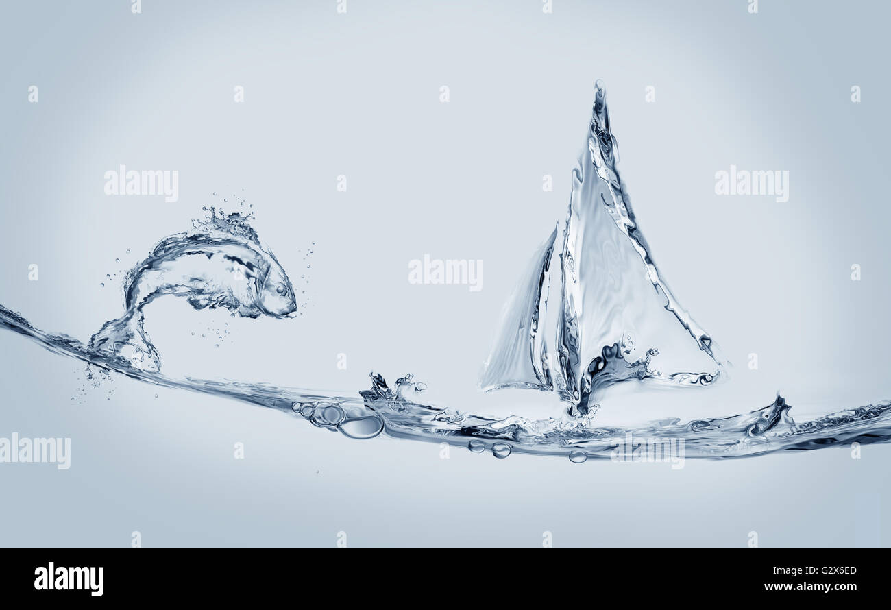 Un blu acqua barca a vela di acqua con un salto di pesce. Foto Stock