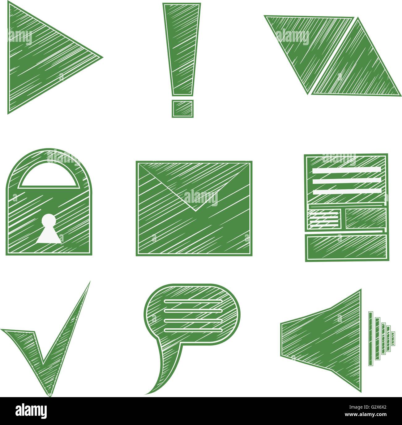 Le icone di set, simboli, frecce, segno di spunta, Busta, bloccare, suono, infographics Illustrazione Vettoriale