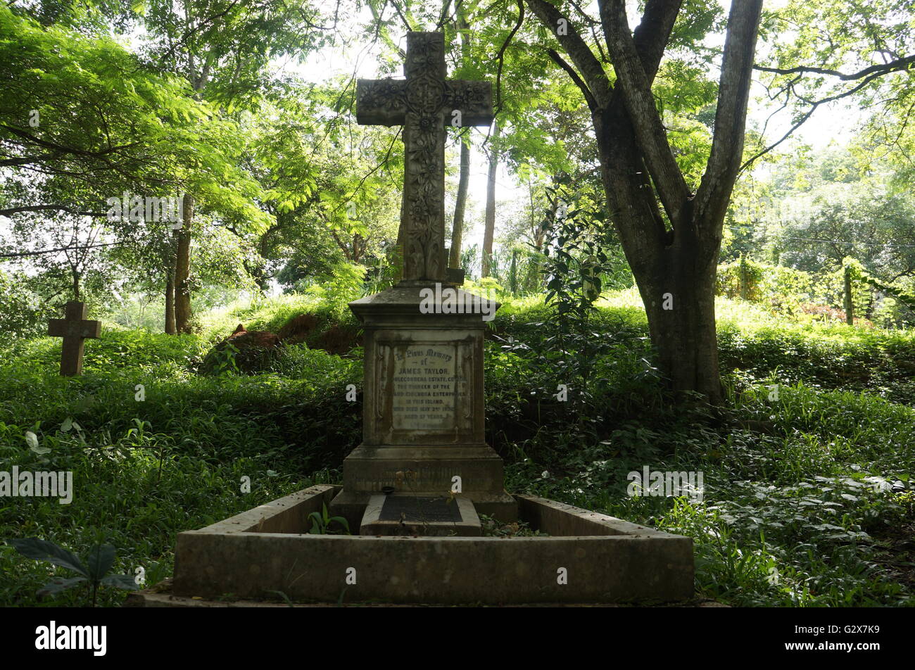 Sir James Taylor grave headstone, pioniere dello Sri Lanka di industria del tè presso il Cimitero di Mahaiyawa di Kandy. Foto Stock