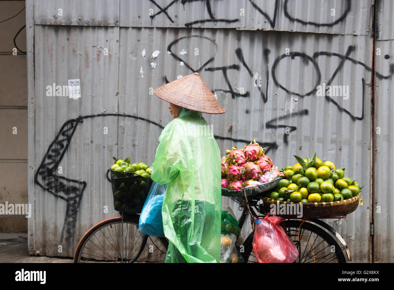Signora vietnamita indossando mac in plastica e le tradizionali hat per la vendita di frutta in Hanoi old quarter,Vietnam,Asia Foto Stock