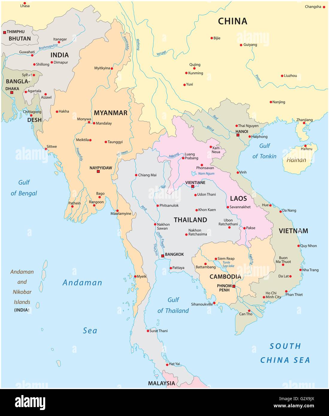 Mappa vettoriale degli stati nel sud est asiatico Illustrazione Vettoriale