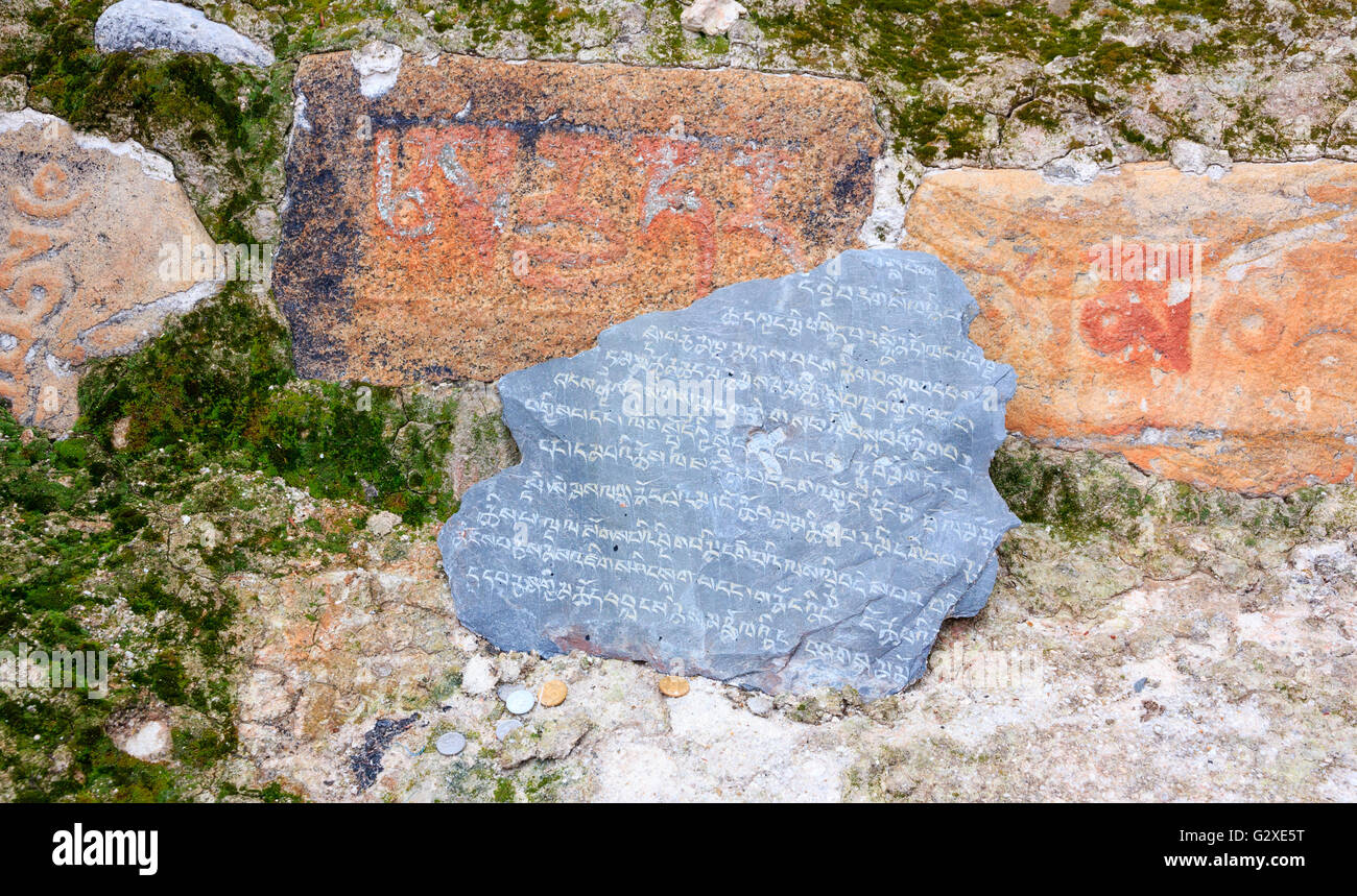 Mani scolpito in pietra con tablet ha offerto del denaro accanto al palazzo del Potala a Lhasa, in Tibet Foto Stock