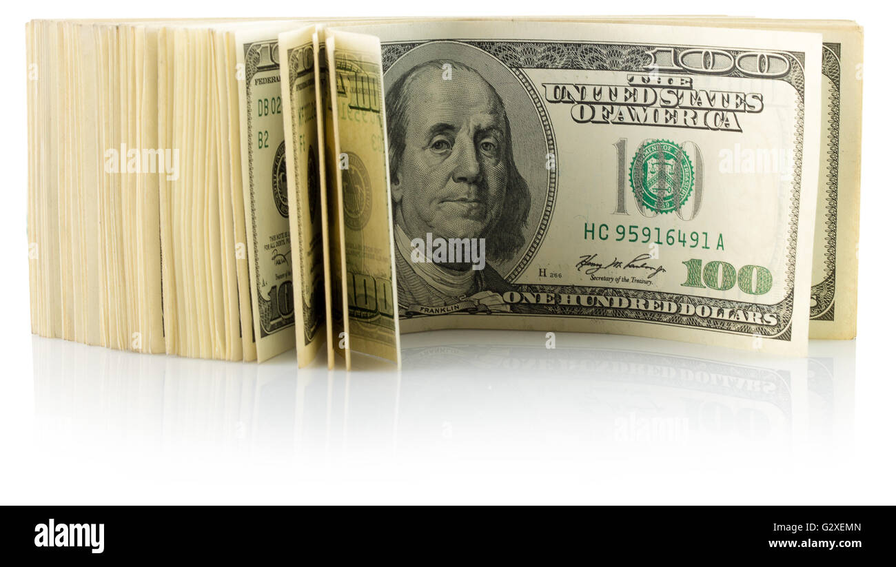 Il denaro di dollari isolato su uno sfondo bianco. Foto Stock