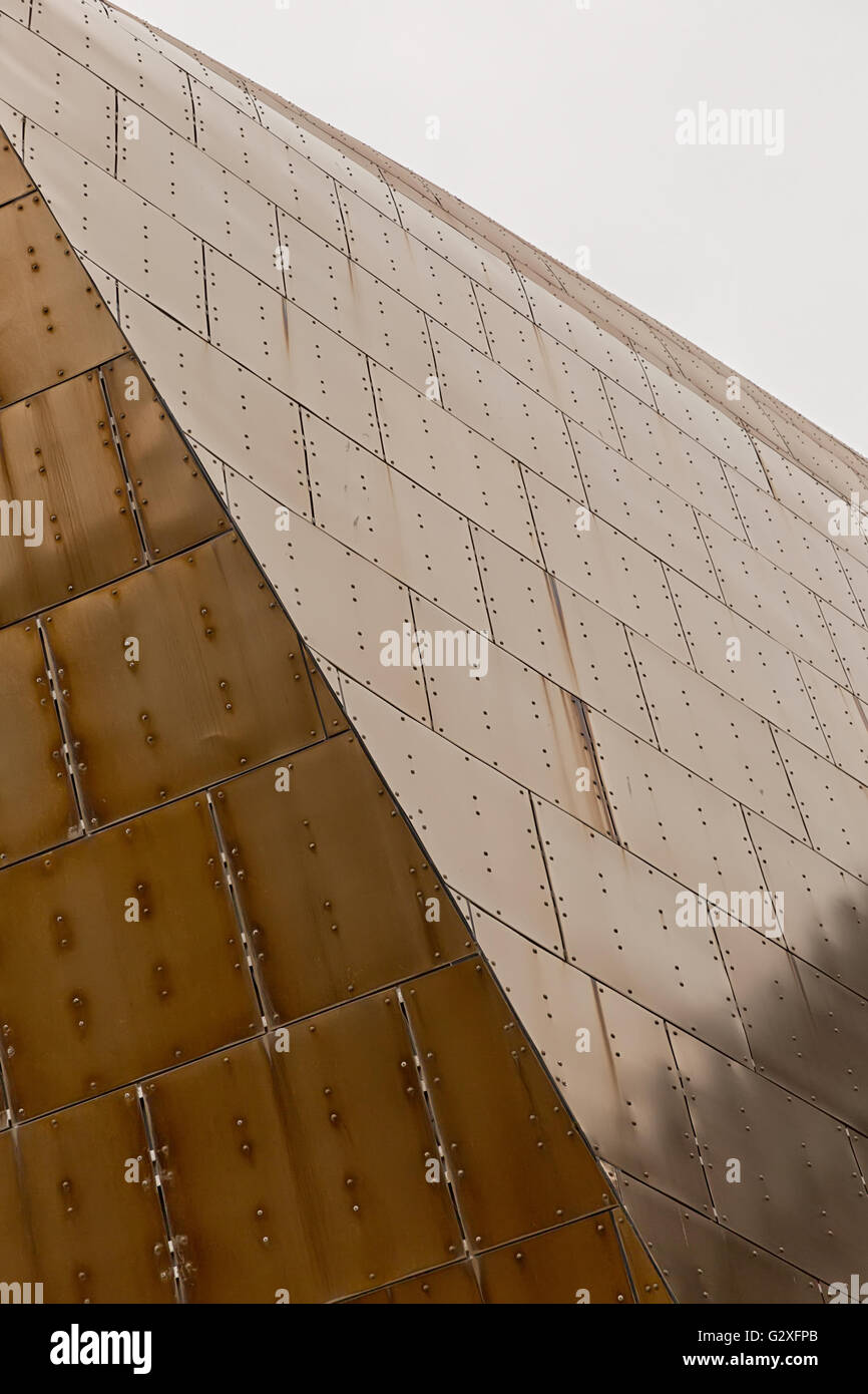 Dettaglio di un oro facciata di alluminio che mostra i fissaggi dei pannelli Foto Stock
