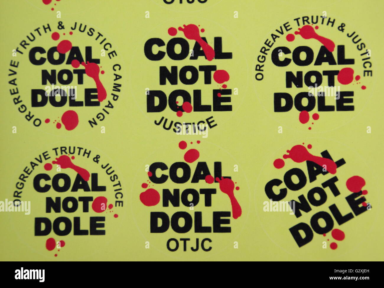 Orgreave di verità e di giustizia gli adesivi di campagna, Inghilterra 2016 Foto Stock