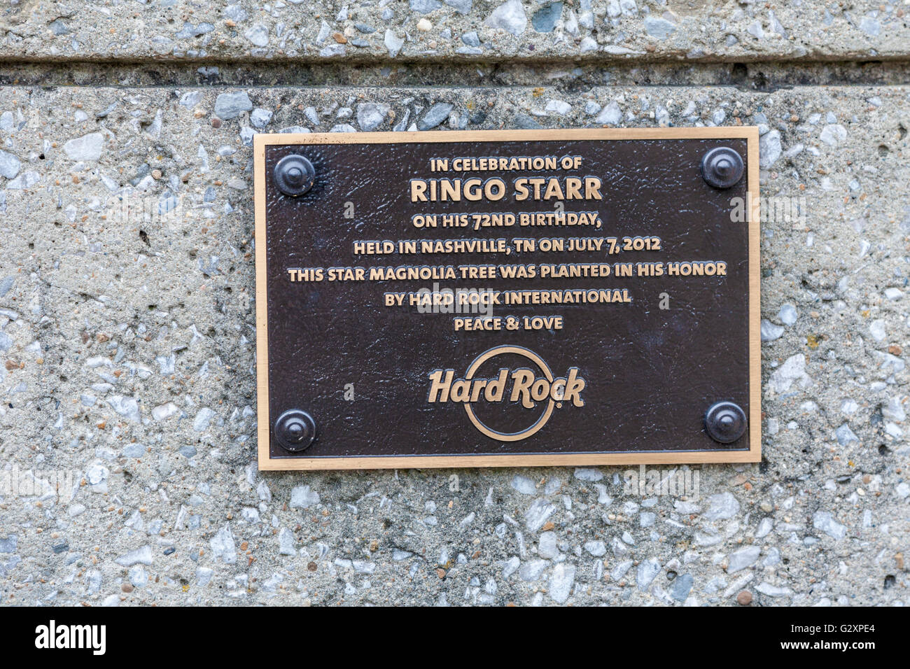 La placca celebra Ringo Starr 72esima Festa di compleanno tenutasi nell'Hard Rock hotel nel centro cittadino di Nashville Tennessee Foto Stock