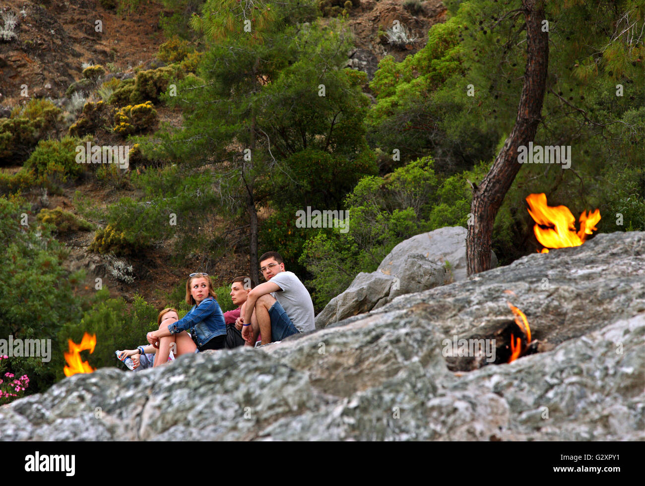 In fiamme eterna della Chimera (Yanartas), Lycia, provincia di Antalya, Turchia. Foto Stock