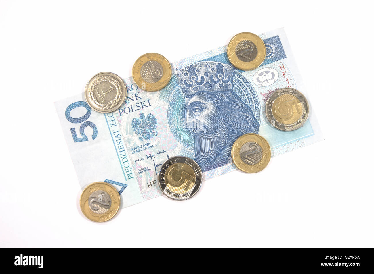 Denaro - valuta polacca 50 zloty delle banconote e delle monete Foto Stock