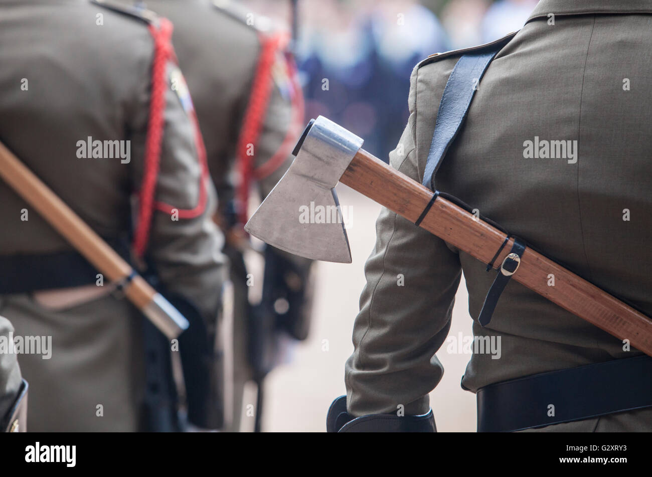 Badajoz, Spagna - 25 Maggio 2016: truppe spagnole durante le forze armate giorno. Assi sul retro Foto Stock
