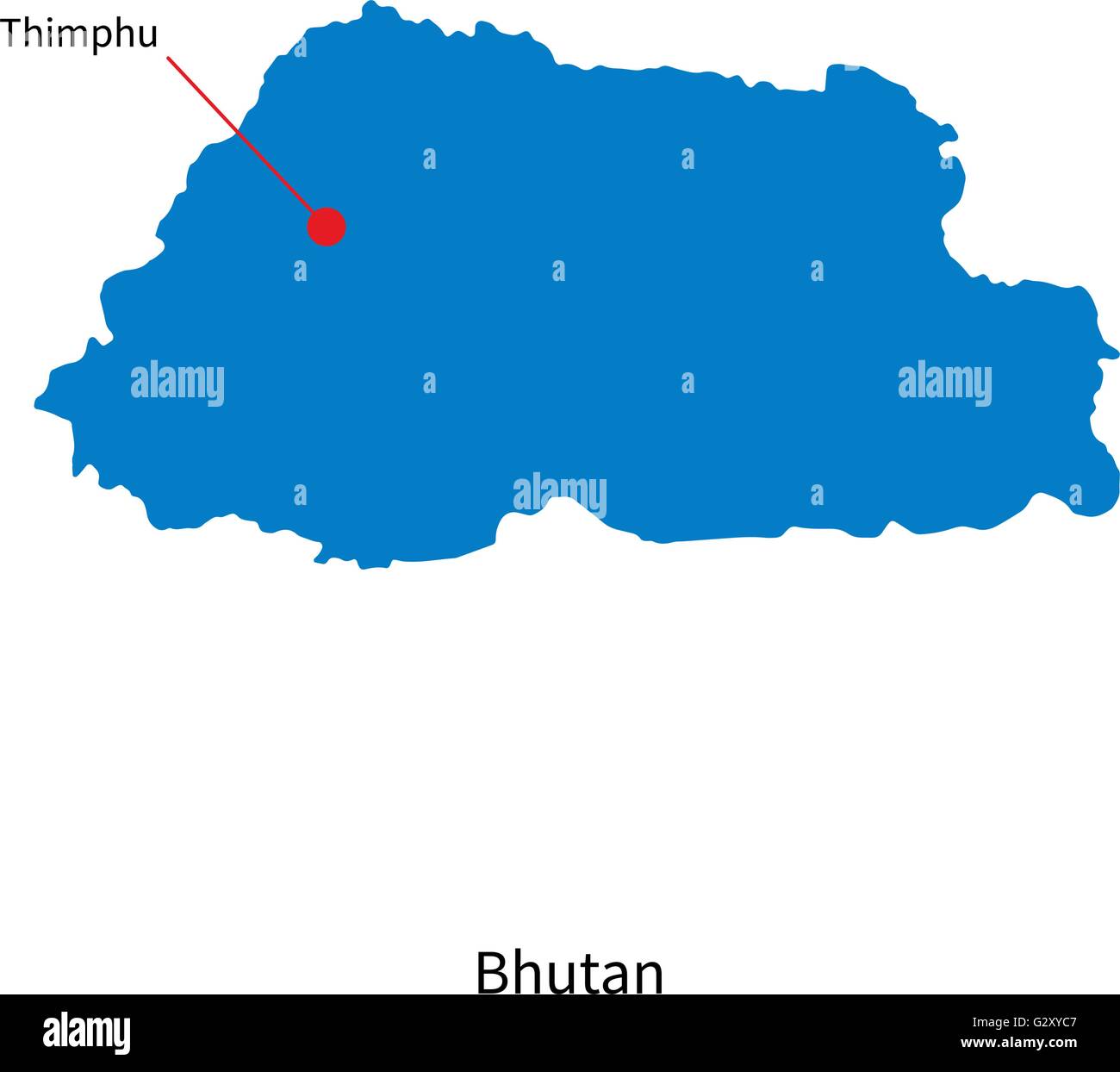 Dettaglio mappa vettoriale del Bhutan e del capitale Thimphu Illustrazione Vettoriale