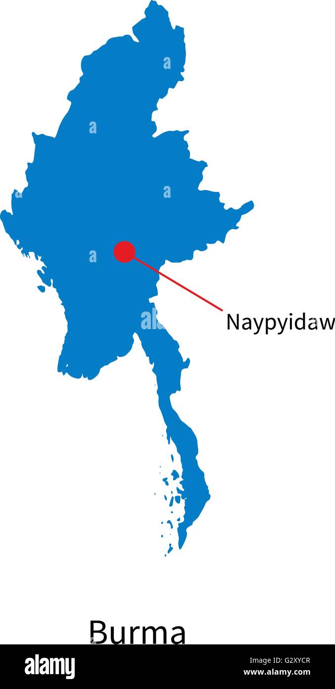 Dettaglio mappa vettoriale della Birmania e la città capitale Naypyidaw Illustrazione Vettoriale