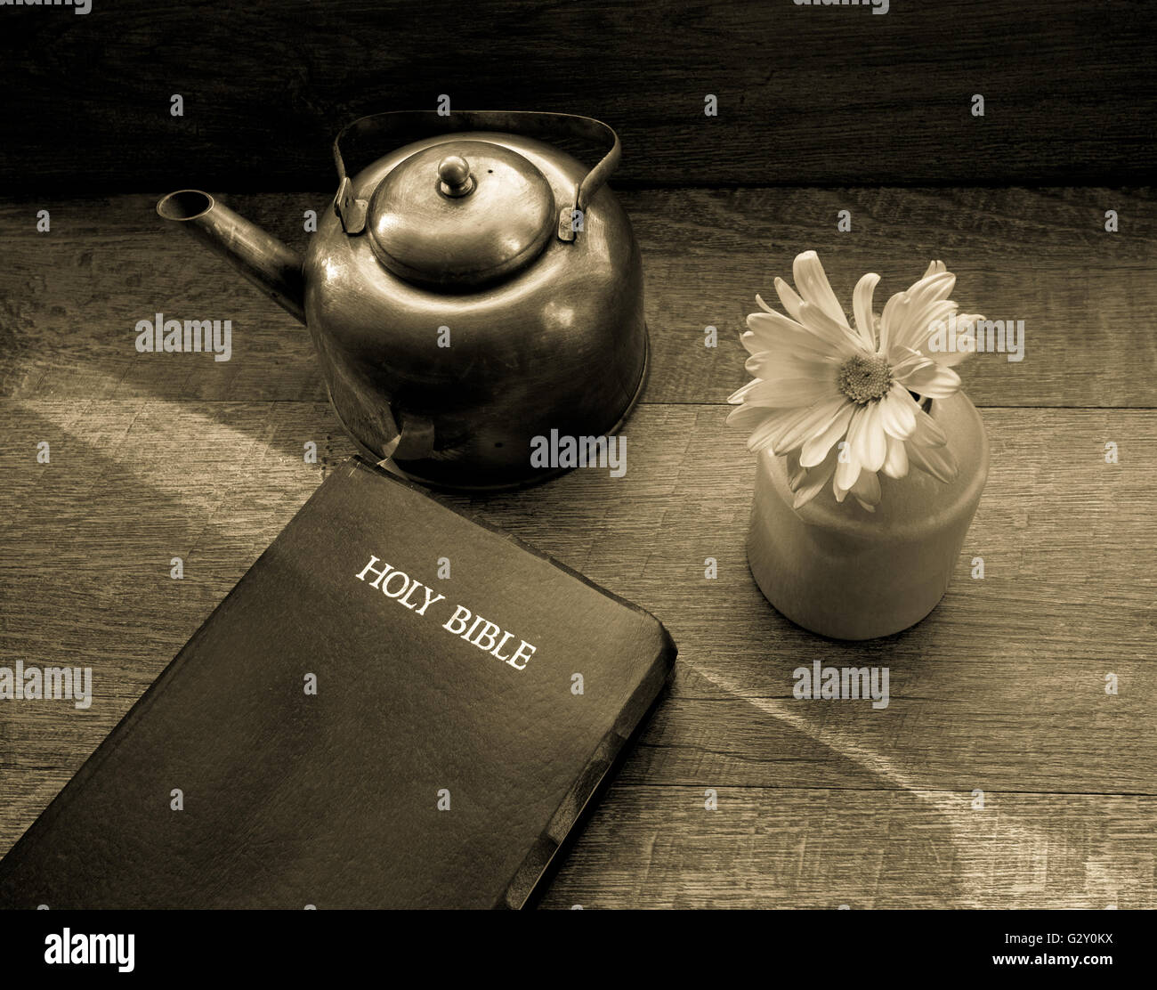 La luce del mattino risplende attraverso il Re James la Bibbia. La luce del mattino si illumina una Bibbia con una teiera di rame e di fiori freschi. Shot Foto Stock