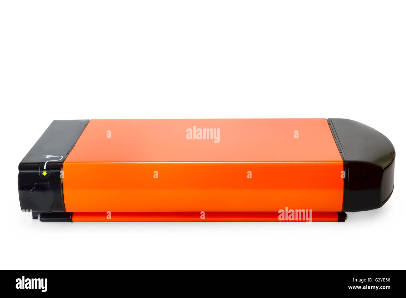 Orange batteria agli ioni di litio per e-bike. Isolato su bianco con tracciato di ritaglio Foto Stock