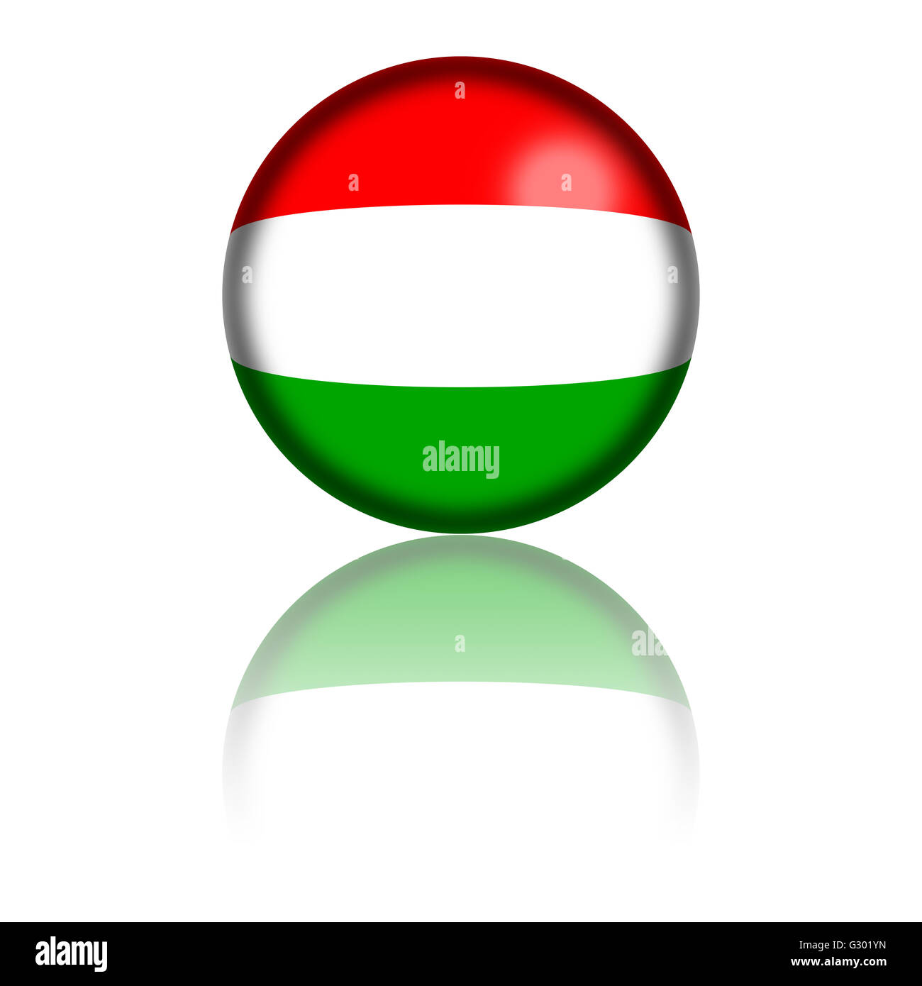 3D la sfera o badge di Ungheria bandiera con la riflessione sul fondo. Foto Stock