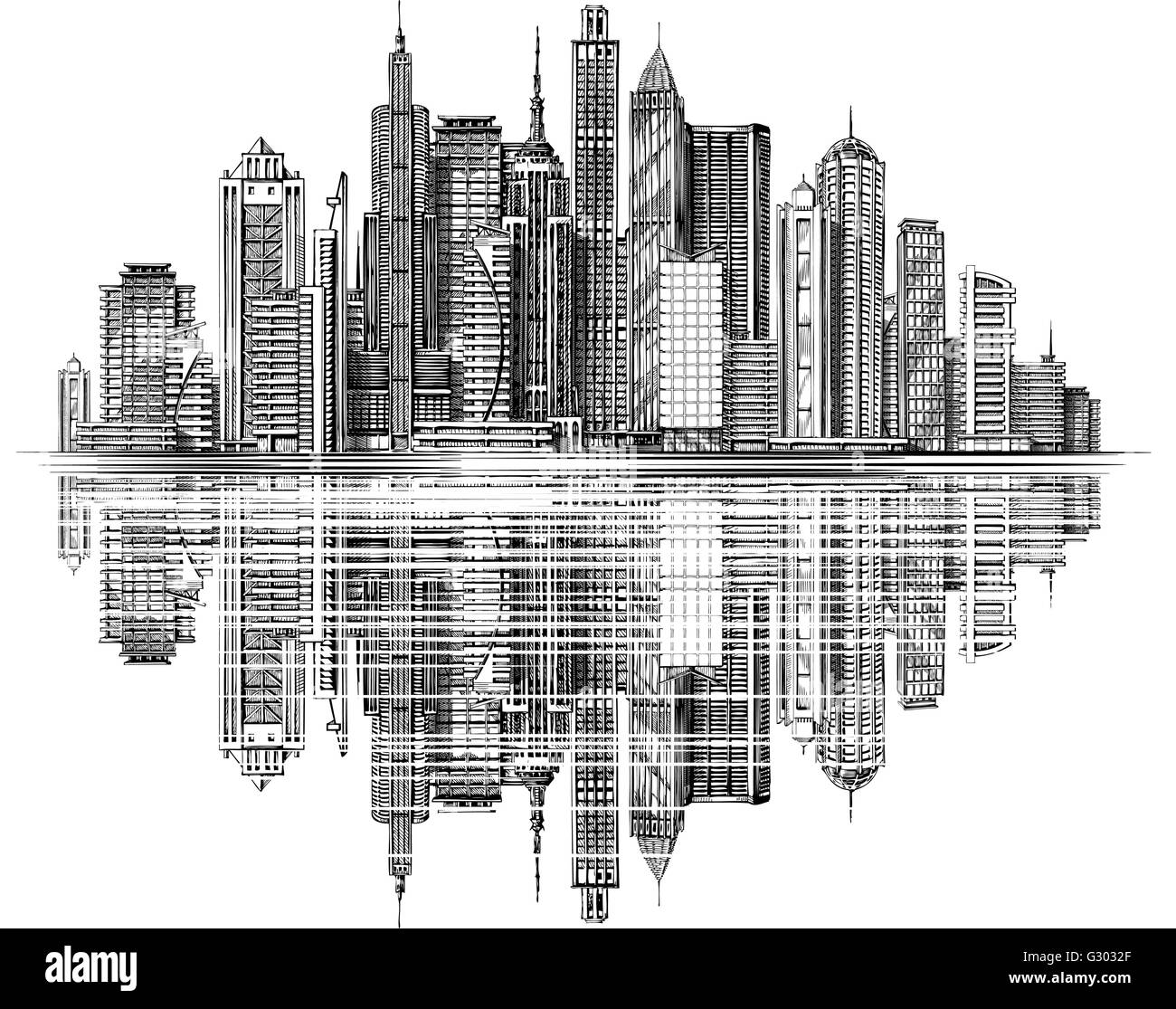 Città moderna Skyline silhouette vettore. Architettura e costruzioni. Disegnata a mano disegna il paesaggio urbano Illustrazione Vettoriale