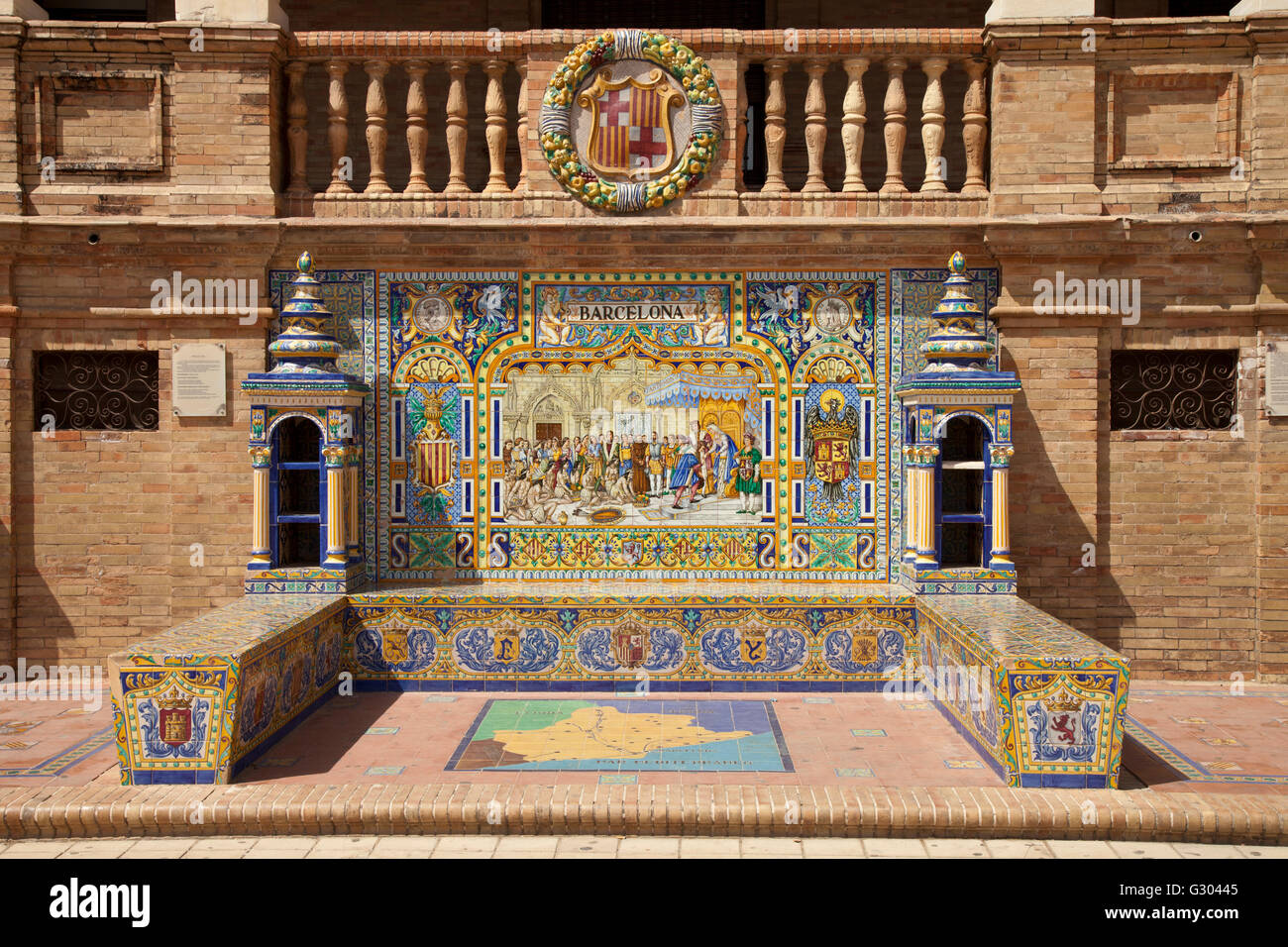 Immagine piastrellata e mappa di Barcellona in Plaza de Espana, Siviglia, Andalusia, Spagna, Europa Foto Stock