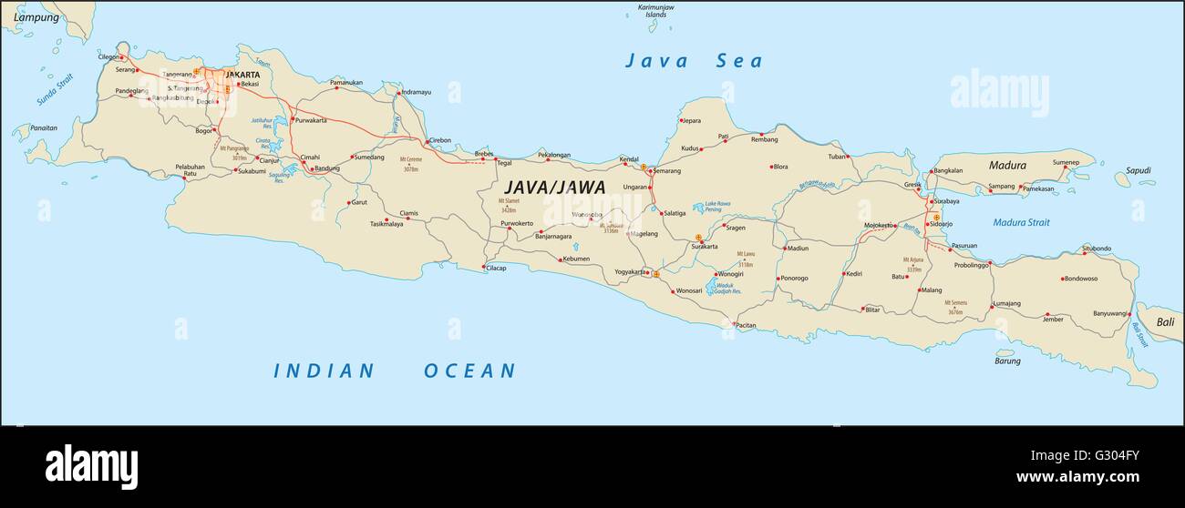 Vettore mappa stradale degli indonesiani Islanda java Illustrazione Vettoriale