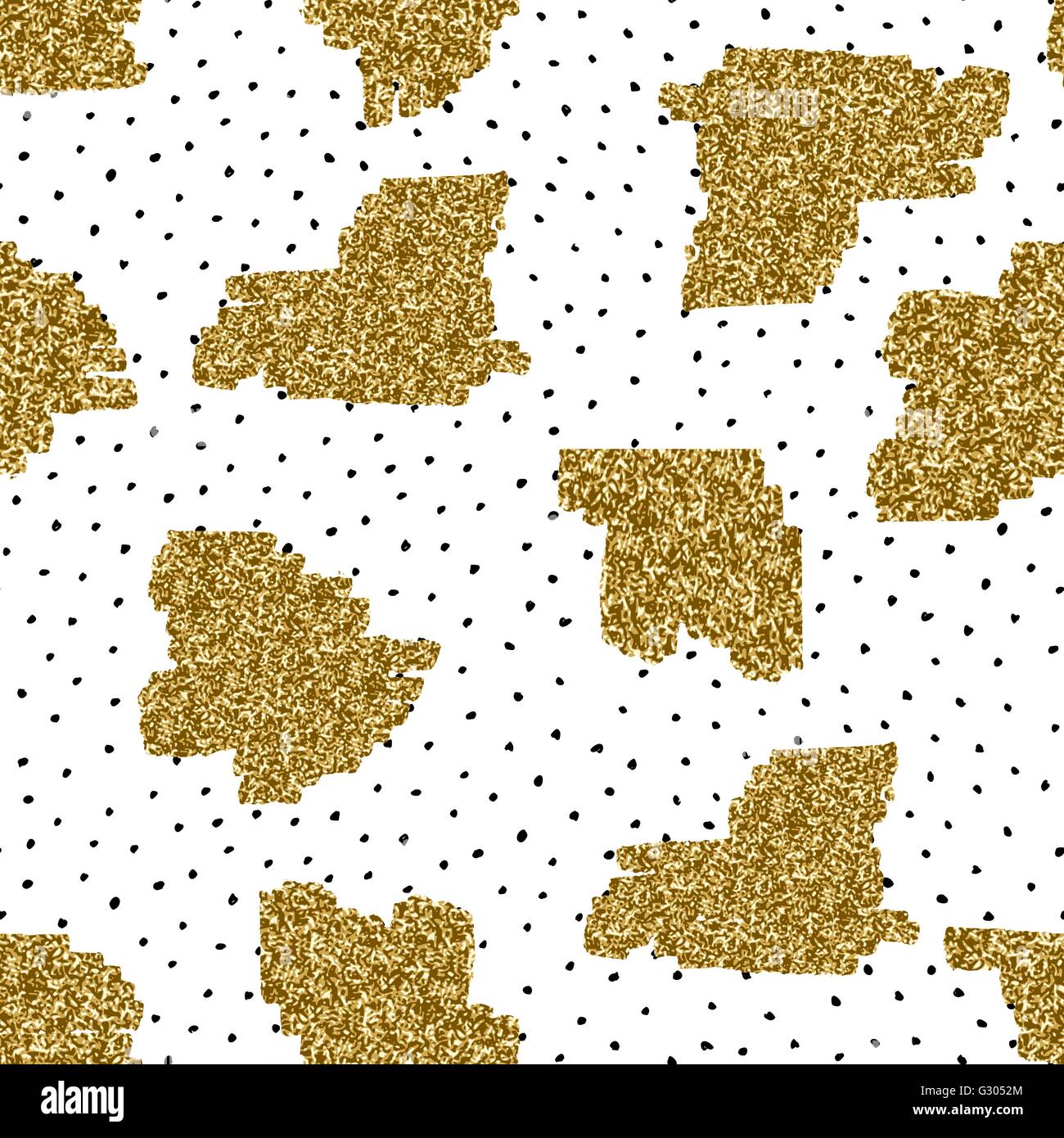 Abstract seamless modello di ripetizione con forme astratte in oro glitter su nero e puntini bianchi sfondo. Illustrazione Vettoriale
