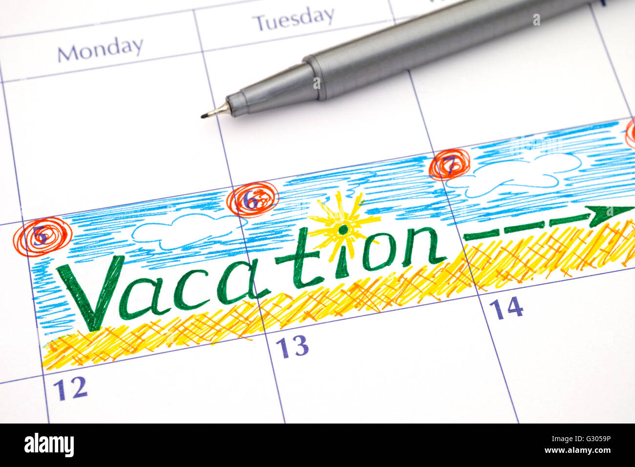 Vacanza promemoria nel calendario con penna Foto Stock