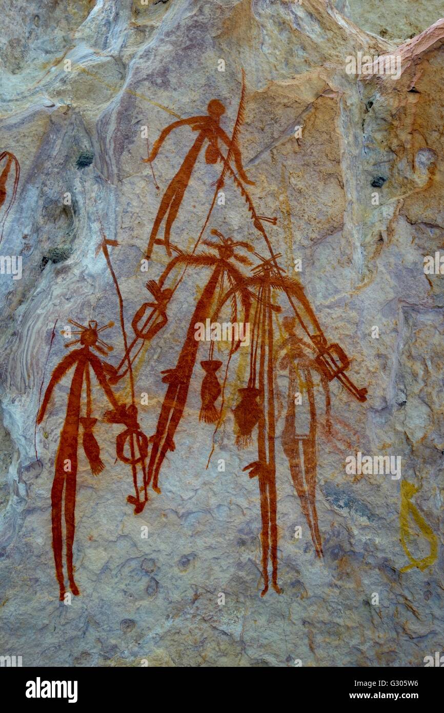 Dipinti Aborigeni delle caverne a Injalak Hill a Gunbalanya (Oenpelli) nella zona ovest di Arnhem Land, Territorio del Nord, l'Australia Foto Stock