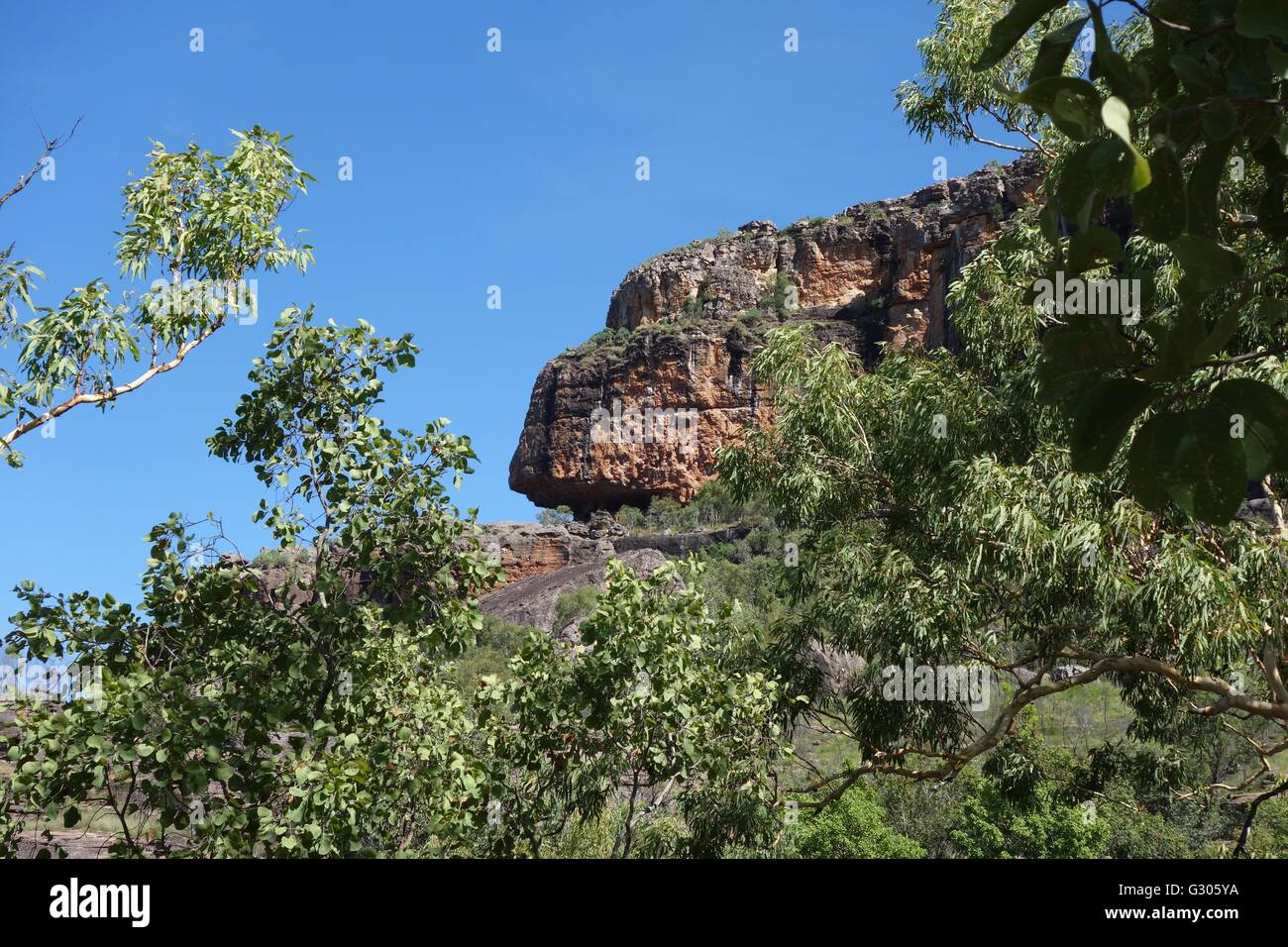 Vista di Nourlangie Rock (Burrunggui) presso il Parco Nazionale Kakadu, Territorio del Nord, l'Australia Foto Stock