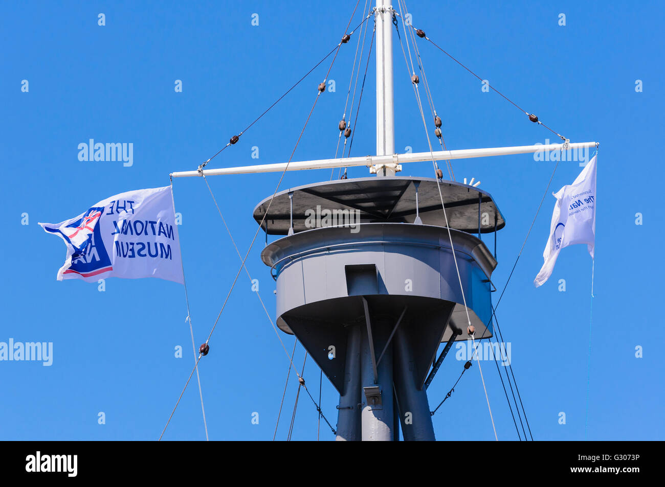 Crow's Nest (avanzamento armi osservazione post) del dispositivo HMS Caroline, l'ultimo superstite nave da battaglia dello Jutland, Belfast Foto Stock