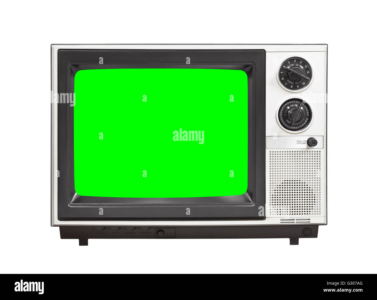 Vintage televisore analogico isolato su bianco con chroma key green screen Foto Stock
