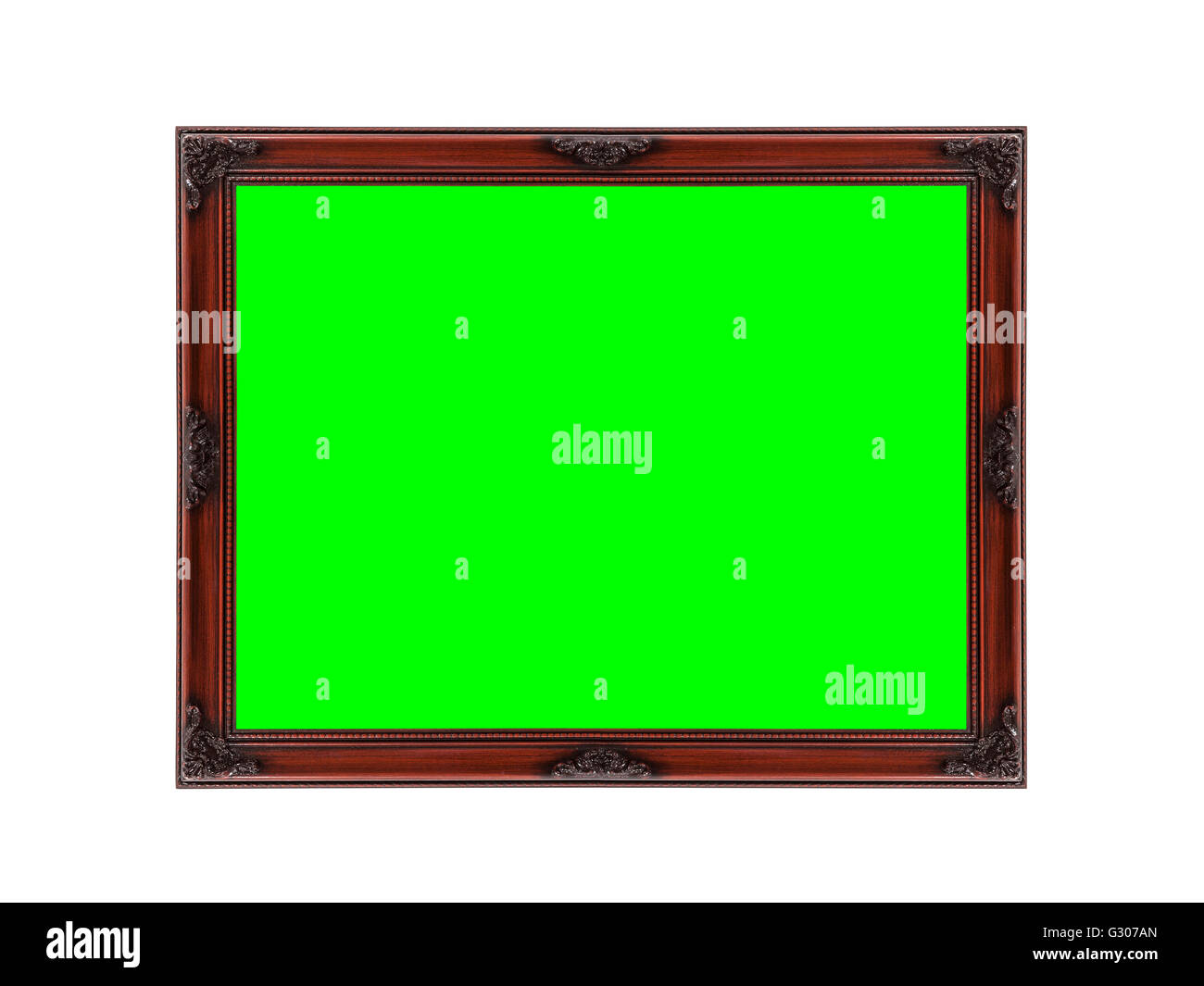 Legno cornice immagine su bianco con chroma key green screen. Foto Stock