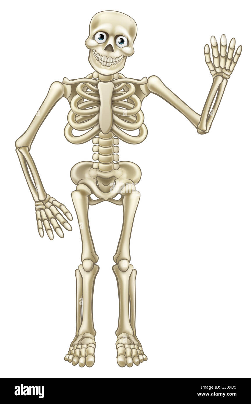 Friendly cartoon mascotte dello scheletro o carattere Halloween agitando la mano Foto Stock