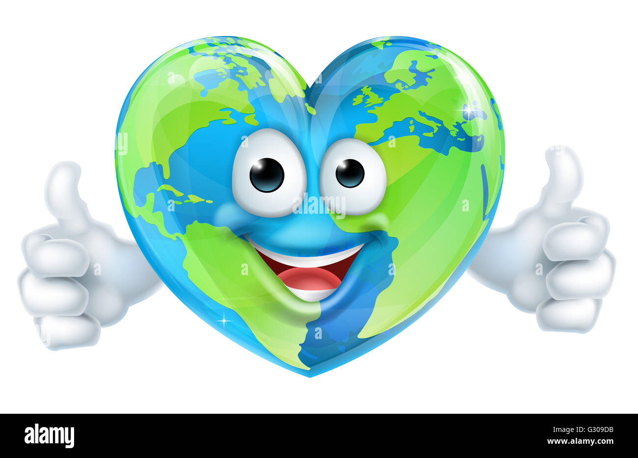 Un mondo felice giornata della terra cuore mascotte cartoon globo dando carattere pollice in alto Foto Stock