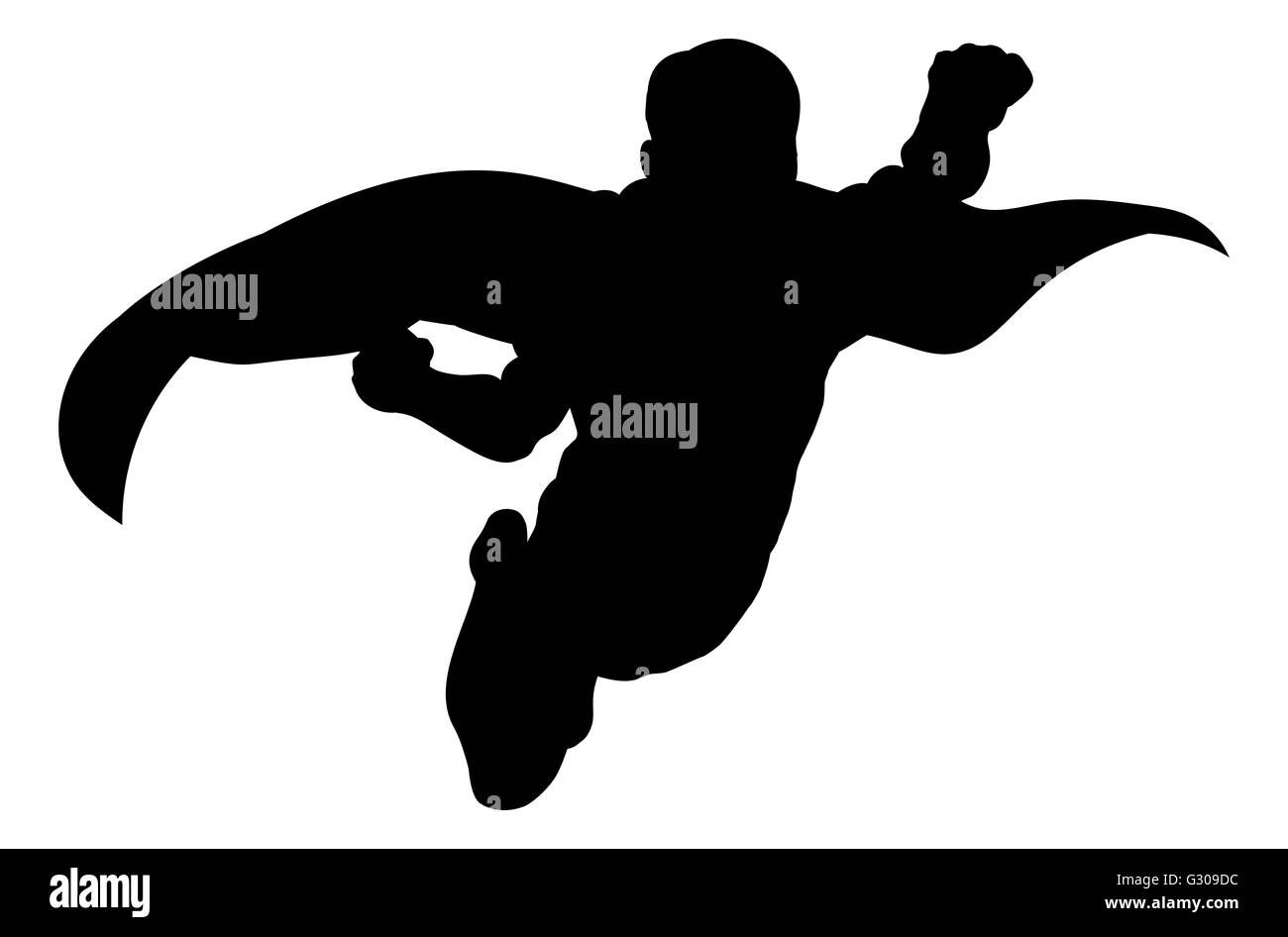 Un supereroe dei fumetti volare in aria in silhouette Foto Stock