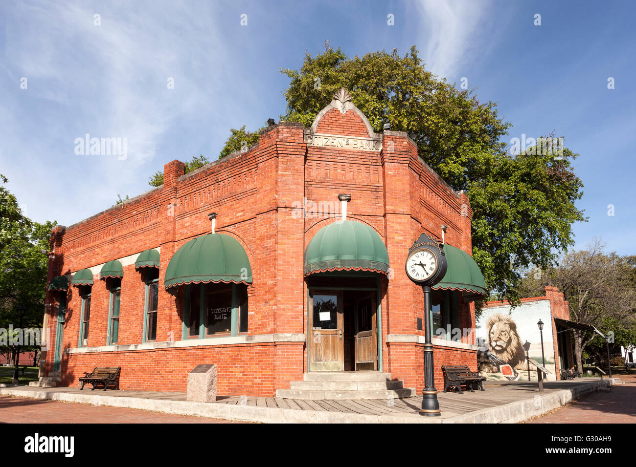 Il vecchio edificio della banca a Dallas il Villaggio del Patrimonio Culturale Foto Stock