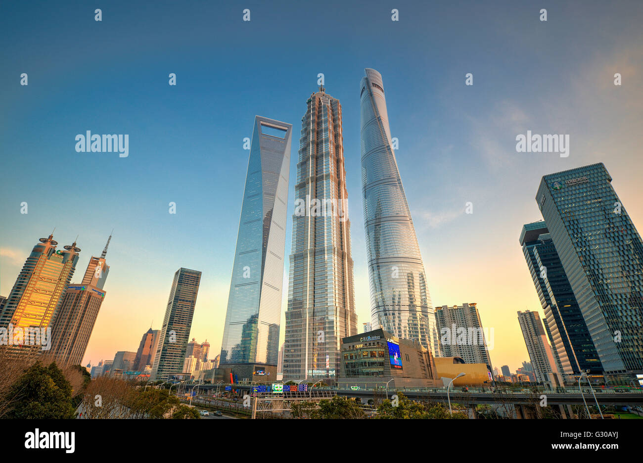 Grattacieli di Lujiazui, il World Financial Center di Shanghai, Torre di Jin Mao e Shanghai Tower, Shanghai, Cina e Asia Foto Stock