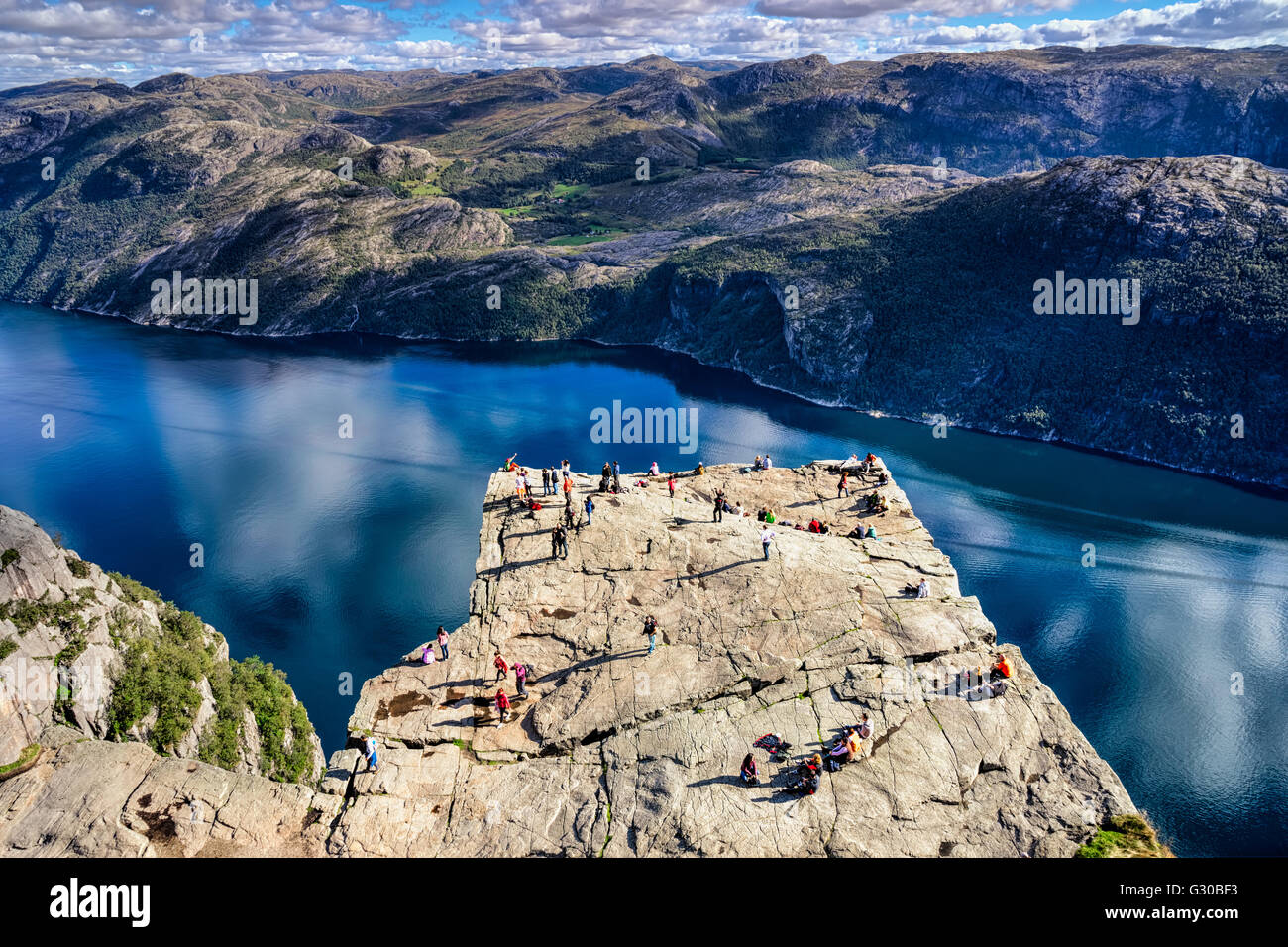 Il pulpito Rock, Lysefjord vista, Stavanger, Norvegia, Scandinavia, Europa Foto Stock