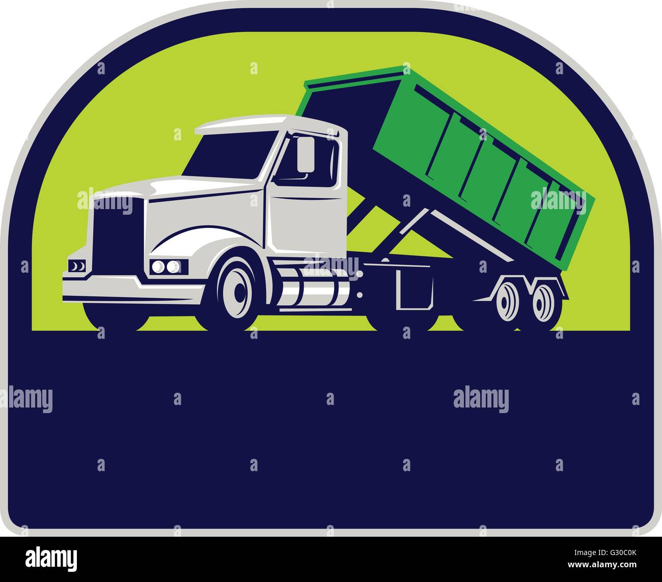 Illustrazione di un roll-off carrello con scomparto del contenitore sul retro visto dal lato impostato all'interno del semicerchio fatto in stile retrò. Illustrazione Vettoriale