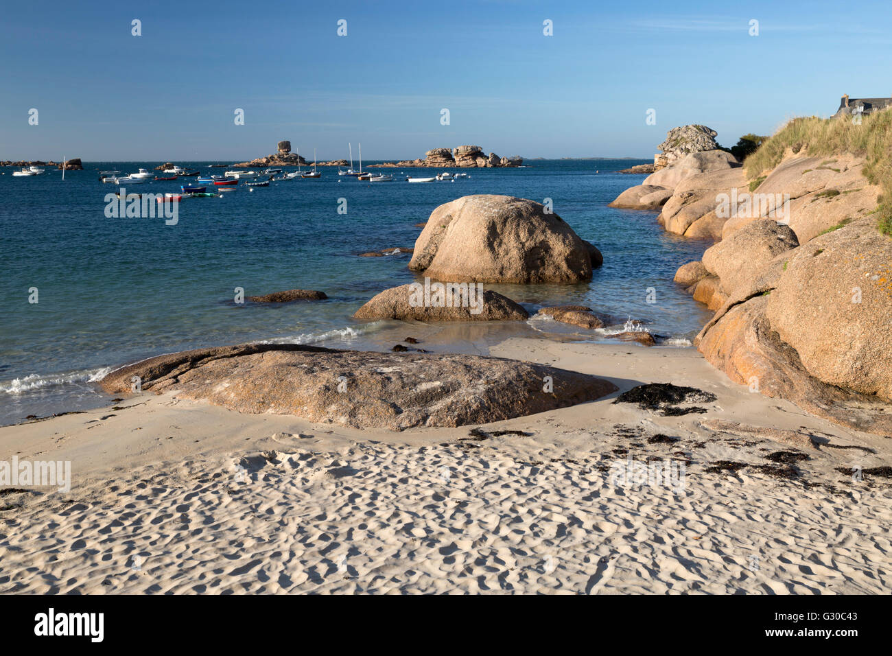 Spiaggia di sabbia bianca e rocce rosa Tregastel-Plage, Côte de Granit Rose, Cotes d'Armor Bretagna, Francia, Europa Foto Stock
