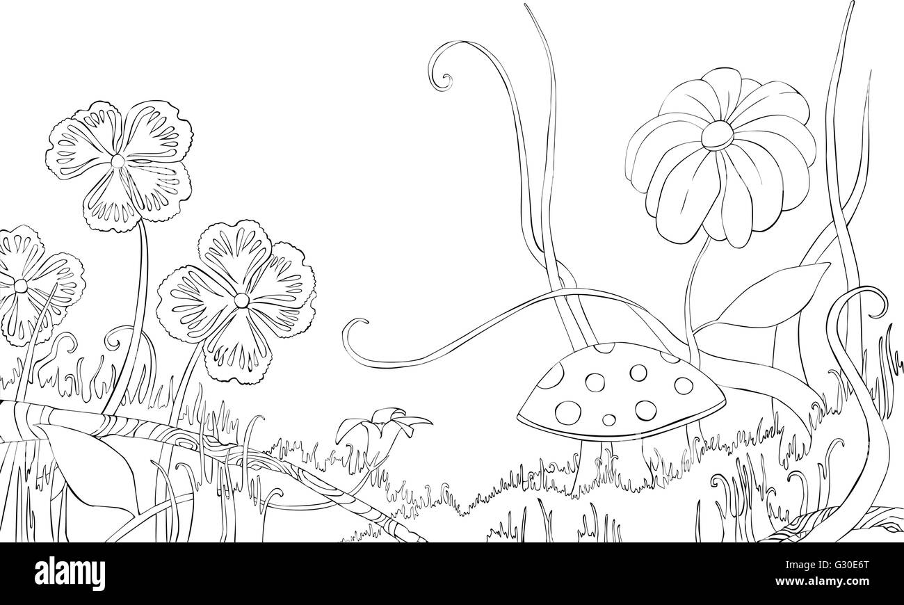Fiori, erbe e funghi sul prato. Libro da colorare. Illustrazione Vettoriale