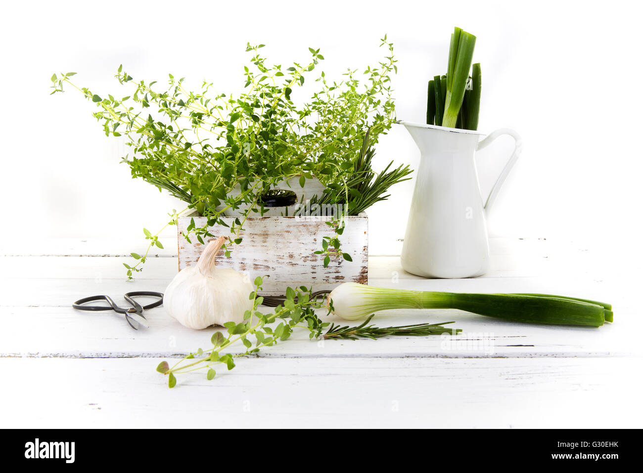 Taglio fresco giardino di erbe aromatiche (rosmarino, timo, prezzemolo, aglio, cipolline) in bianco scatola di legno di legno sul tavolo da cucina Foto Stock