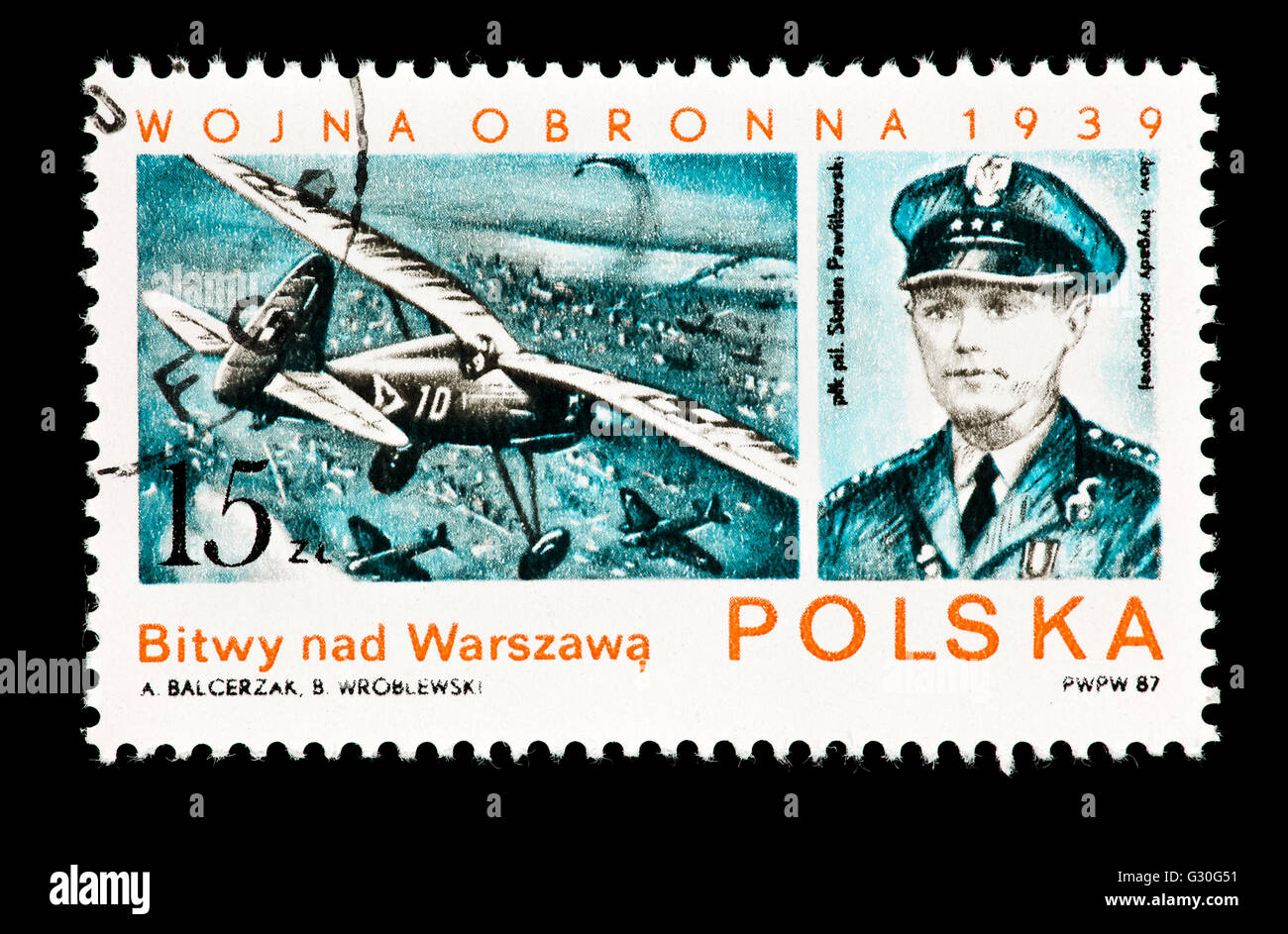 Francobollo dalla Polonia raffiguranti battaglie aeree su Varsavia e Stefan Pawlikowski, inizio della prima guerra mondiale 2. Foto Stock