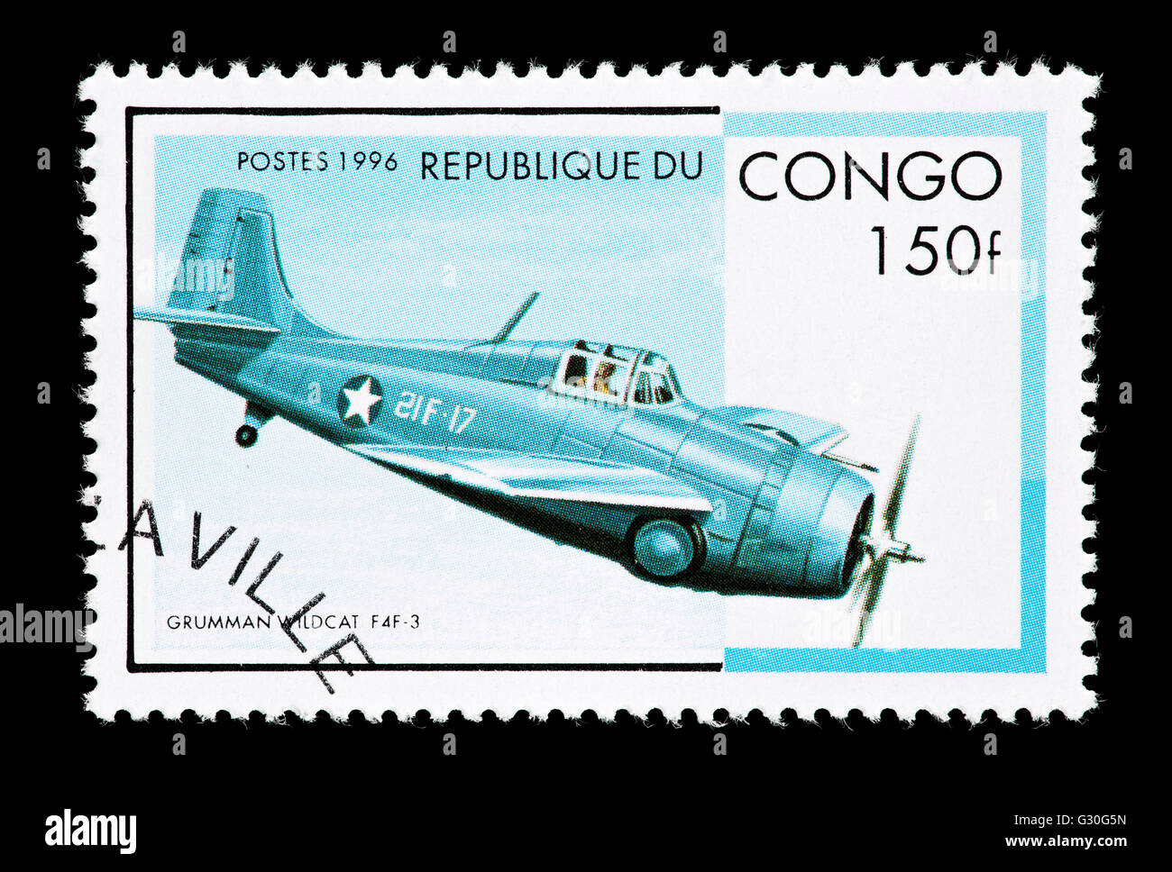 Francobollo dal Congo raffigurante un Grumman Wildcat F4F-3 Foto Stock