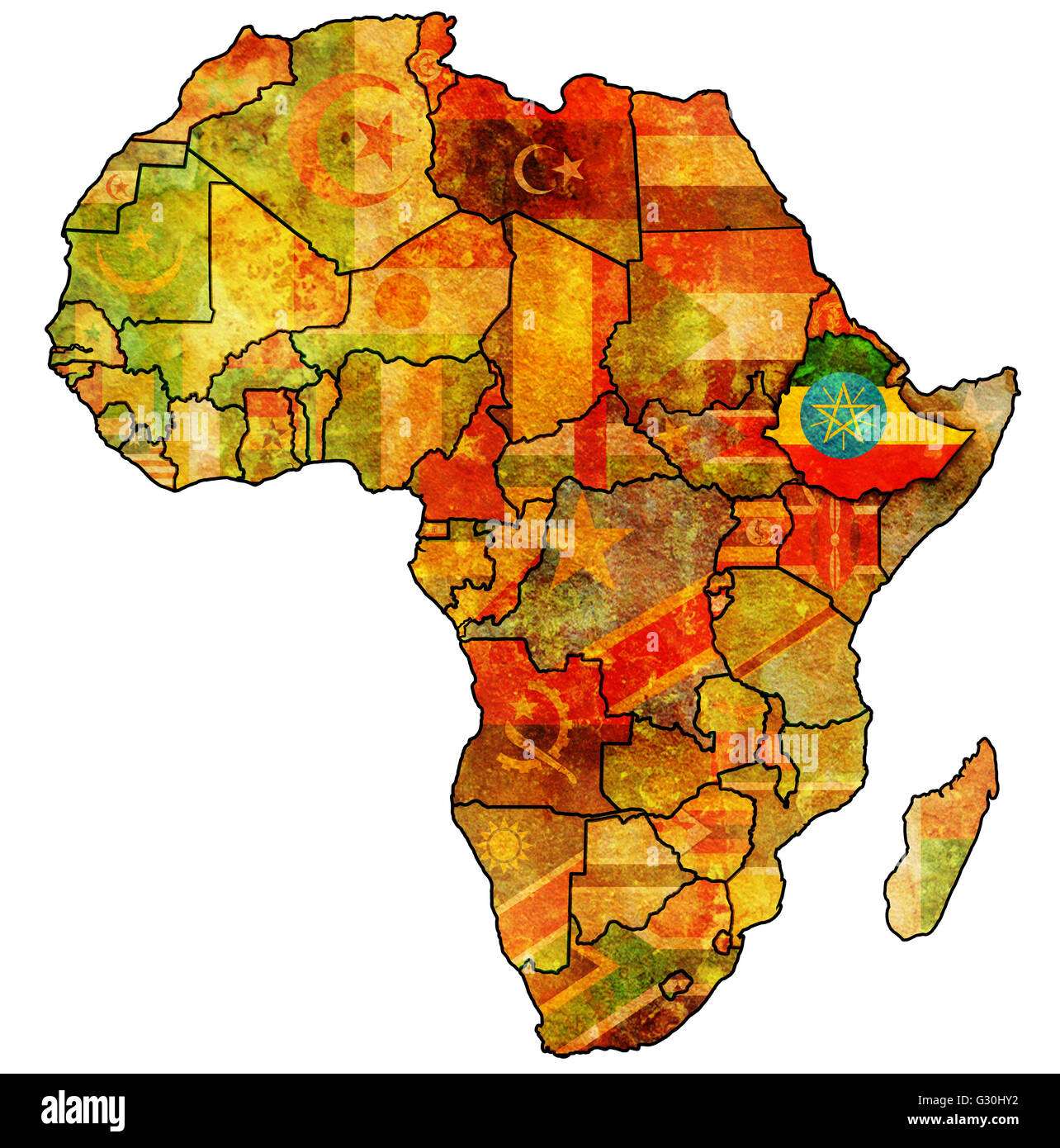 Etiopia sulla effettiva vintage map Politica dell Africa con bandiere Foto Stock