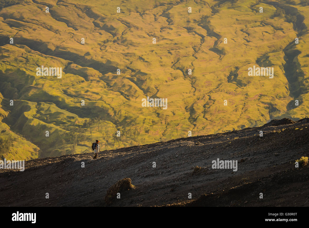 Escursionista sulla spinta finale al Mt Rinjani sommità del vulcano Foto Stock