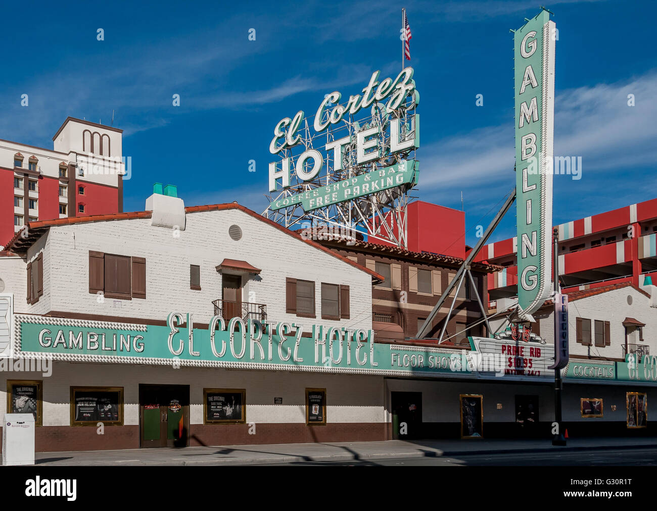 El Cortez Hotel + casino su East Fremont Street nella vecchia Las Vegas, Nevada; ripristinata Las Vegas landmark w/ vintage insegne al neon. Foto Stock