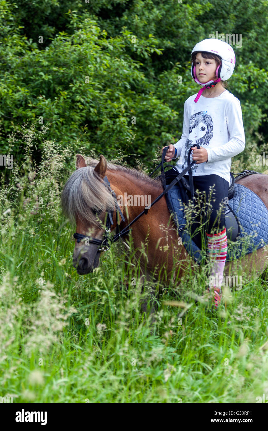 Equitazione giovane bambino equitazione cavallo, una ragazza con un pony su un prato, bambino su pony Foto Stock