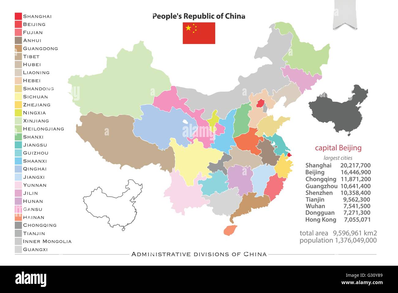 Repubblica popolare cinese isolato mappe e bandiera ufficiale icona. vettore politico cinese le icone della mappa con informazioni di carattere generale. Come Illustrazione Vettoriale